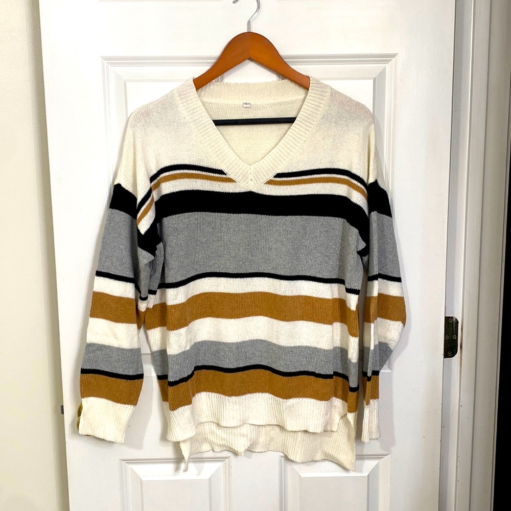 Neutral v-neck striped sweater